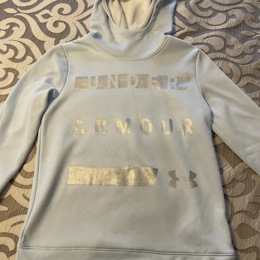 Under Armour UA Size X-Small Light Ice Blue Sweatshirt Hooded Hoody Hoodie EUC - Picture 6 of 9